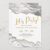 Elegant White en Gold Agate Let's Party Invitatio Kaart (Voorkant / Achterkant)