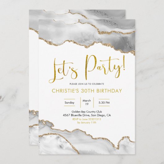 Elegant White en Gold Agate Let's Party Invitatio Kaart (Voorkant / Achterkant)