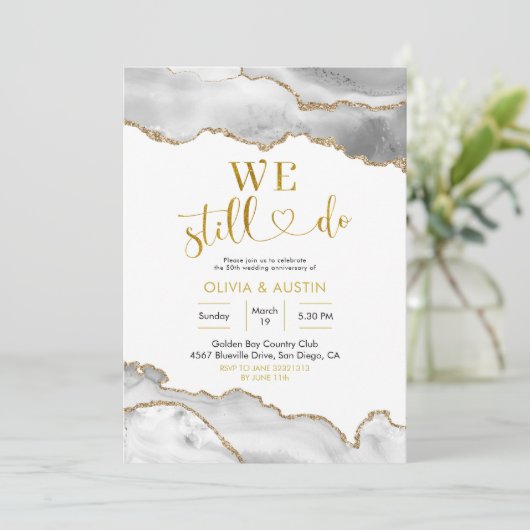Elegant White en Gold Agate Wedding Jubileum Kaart (Staand voorkant)