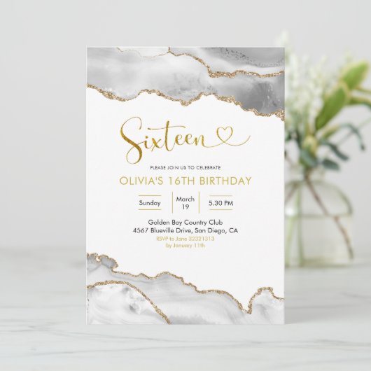 Elegant White en Gold Agate Zestien verjaardag Kaart (Staand voorkant)