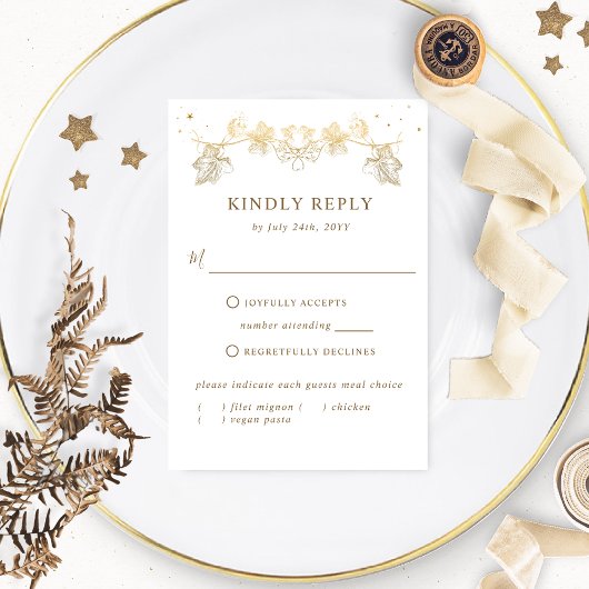 Elegant White en Gold Celestial RSVP met maaltijde Kaartje
