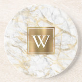 Elegant White en Gold Faux Marble Monogram Zandsteen Onderzetter (Voorkant)