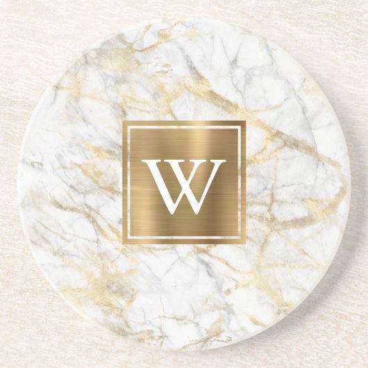 Elegant White en Gold Faux Marble Monogram Zandsteen Onderzetter (Voorkant)