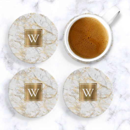 Elegant White en Gold Faux Marble Monogram Zandsteen Onderzetter