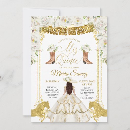 Elegant White en Gold Floral Charra Mis Quince in Kaart (Voorkant)