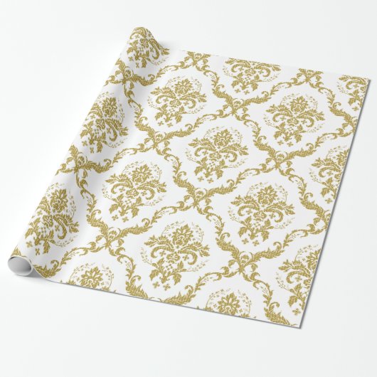 Elegant White en Gold Floral Damascus Patroon Cadeaupapier (Uitgerold)