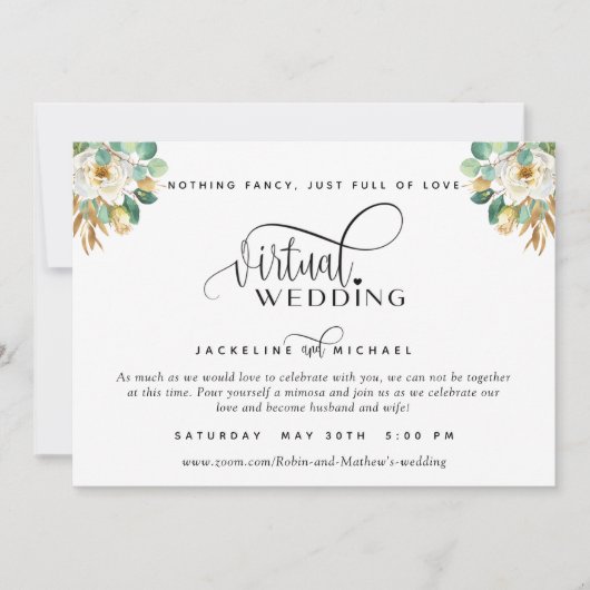 Elegant White en Gold Floral Virtual Wedding Invi Kaart (Voorkant)