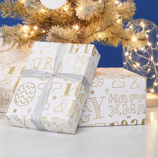 Elegant White en Gold Foil Kerstwoord Art Cadeaupapier (Feestdagen)