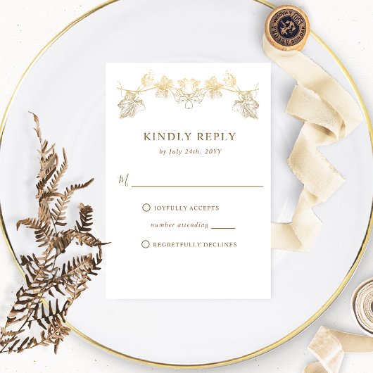 Elegant White en Gold Gilded Leaves, Wedding RSVP