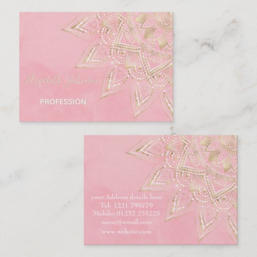 Elegant White en Gold Mandala Blush Pink Design Visitekaartje (Voorkant / Achterkant)