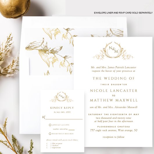 Elegant White en Gold Monogram Formal Wedding Kaart