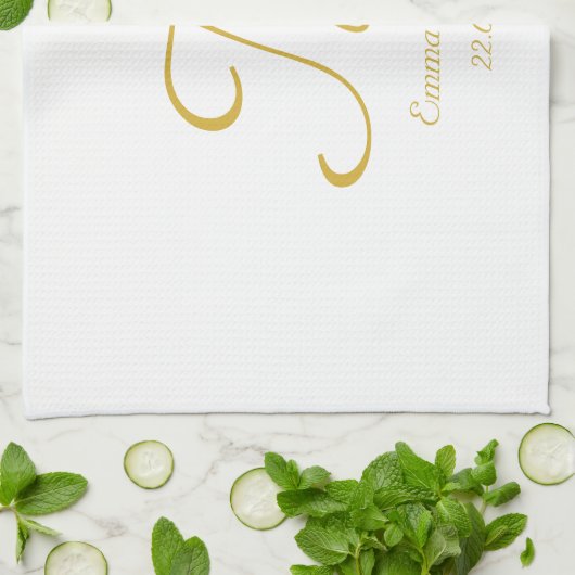 Elegant White en Gold Monogram Name Theedoek (Gevouwen)