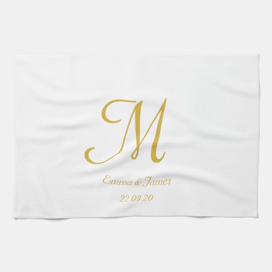 Elegant White en Gold Monogram Name Theedoek (Horizontaal)