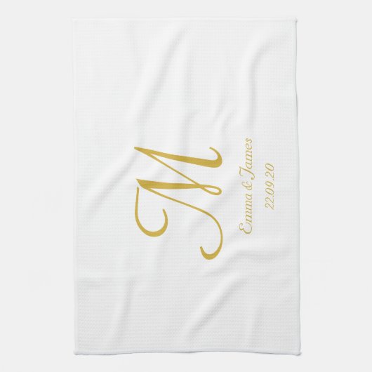 Elegant White en Gold Monogram Name Theedoek (Verticaal)