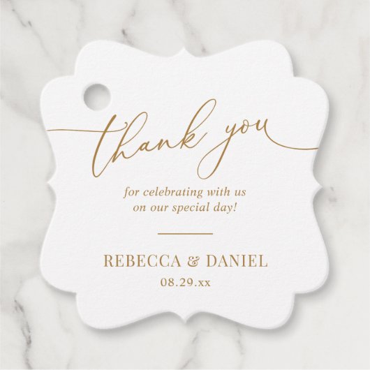 Elegant White en Gold Monogram Weddenschap Harteli Bedankjes Labels (Voorkant)