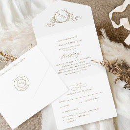 Elegant White en Gold Monogram Weddenschap met RSV All In One Uitnodiging
