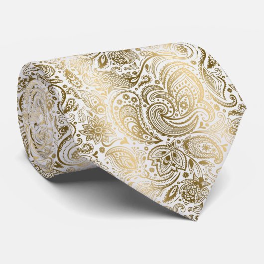 Elegant White en Gold  Paisley Pattern Stropdas (Opgerold)