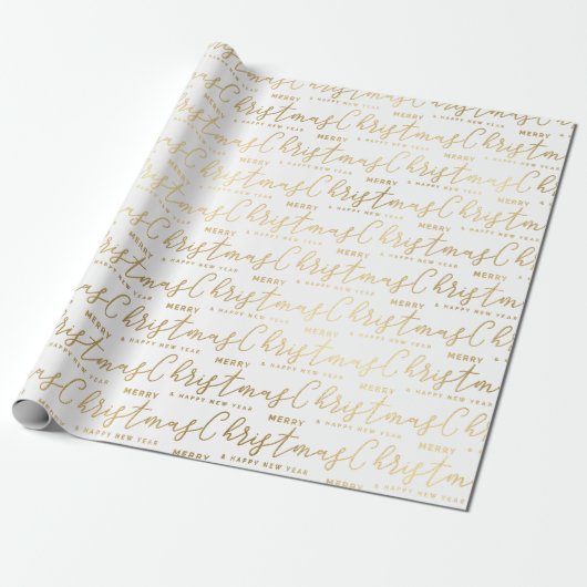 Elegant White en Gold Script Merry-kersttekst Cadeaupapier (Uitgerold)