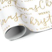 Elegant White en Gold Script Merry-kersttekst Cadeaupapier (Rol Hoek)