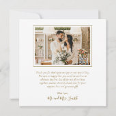 Elegant White en Gold Script Photo Wedding Bedankkaart (Achterkant)