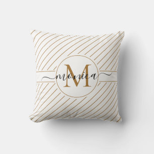 Elegant White en Gold Striped Monogram Name Kussen
