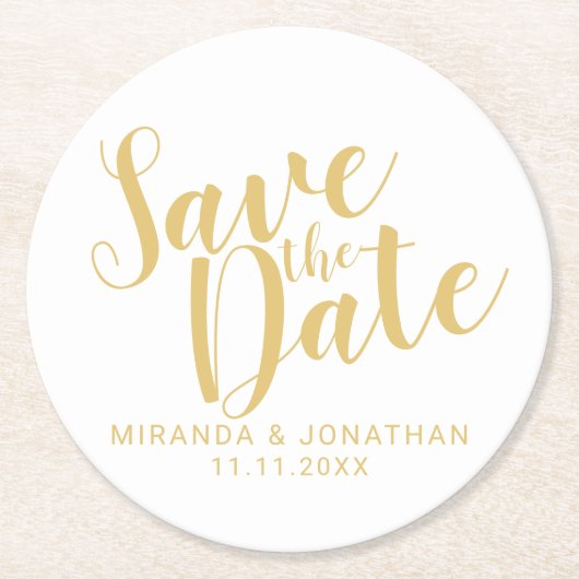 Elegant White en Gold Wedding Save the Date Ronde Kartonnen Onderzetter (Voorkant)