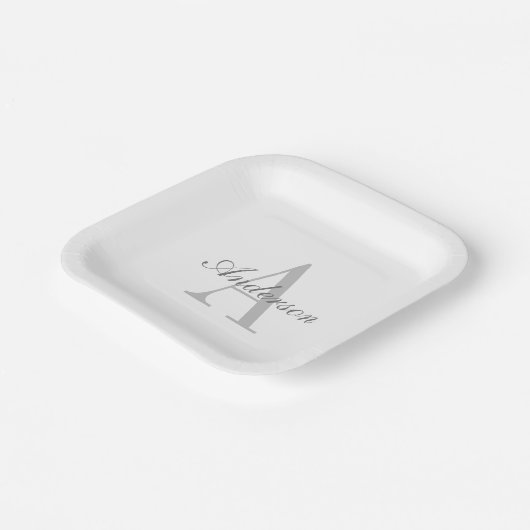 Elegant White en Gray Monogram Papieren Bordje (Gebogen)