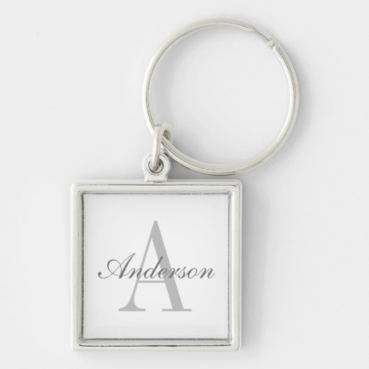 Elegant White en Gray Monogram Sleutelhanger (Voorkant)