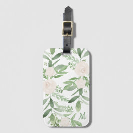 Elegant White en Green Floral Monogram Bagagelabel