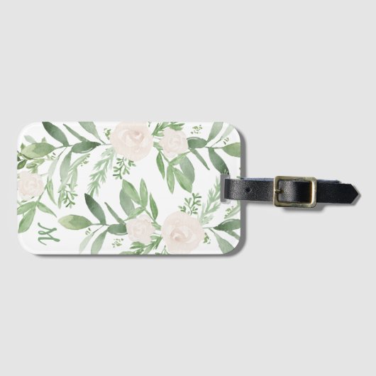 Elegant White en Green Floral Monogram Bagagelabel (Voorkant (horizontaal))