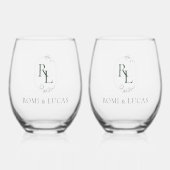 Elegant White en Green Monogram Weddenschap Wijnglas Zonder Voet (Voorkant)