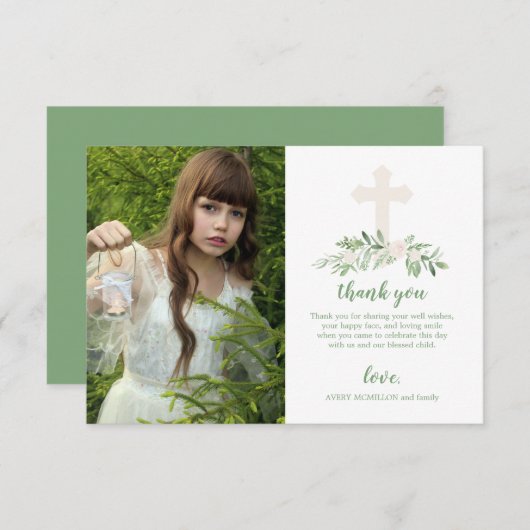 Elegant White en Green Roos First Heilige Communie Bedankkaart (Voorkant / Achterkant)