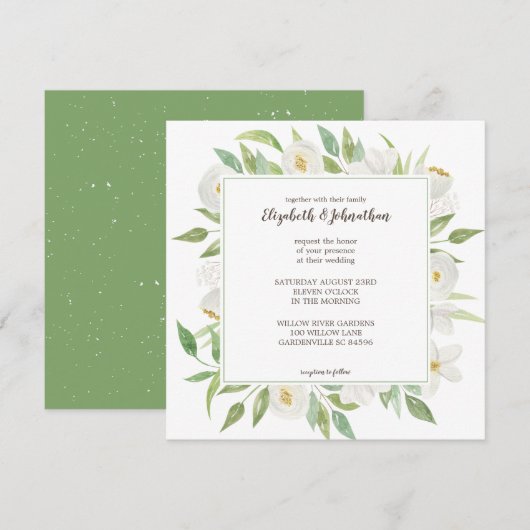 Elegant White en Green Waterverf Floral Wedding Kaart (Voorkant / Achterkant)