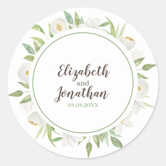 Elegant White en Green Waterverf Floral Wedding Ronde Sticker (Voorkant)