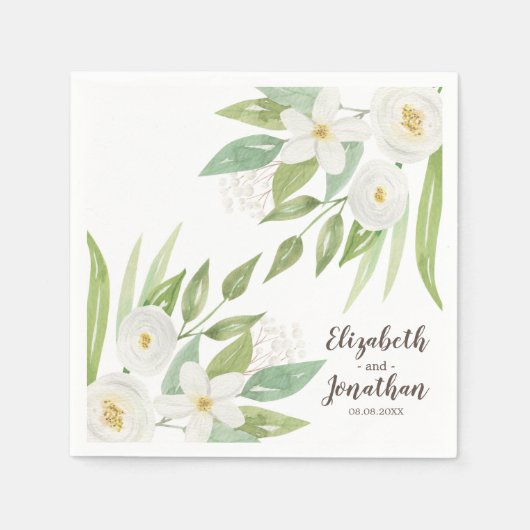 Elegant White en Green Waterverf Floral Wedding Servet (Voorkant)