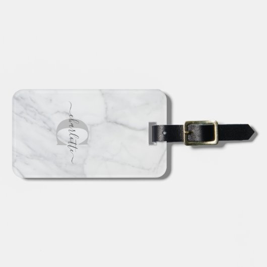Elegant White en Grey Marble Monogram Name Bagagelabel (Voorkant horizontaal)