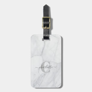 Elegant White en Grey Marble Monogram Name Bagagelabel