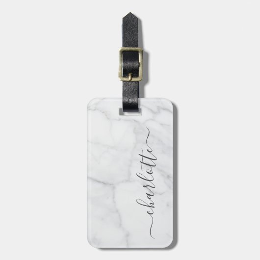 Elegant White en Grey Marble Script Aangepast Bagagelabel (Voorkant verticaal)