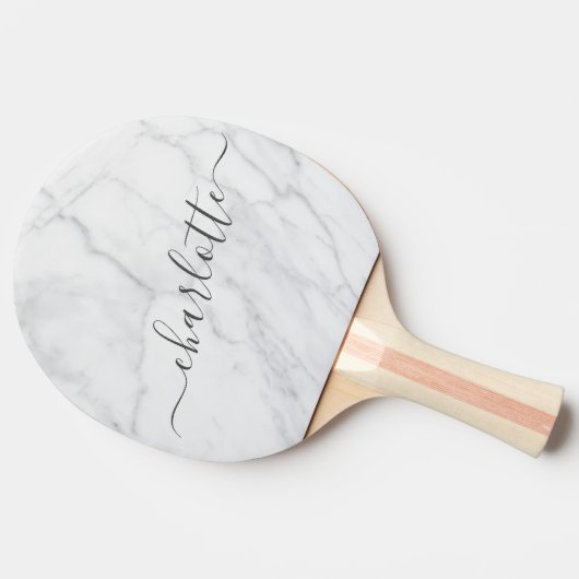 Elegant White en Grey Marble Script Aangepast Tafeltennisbatje (Zijkant)