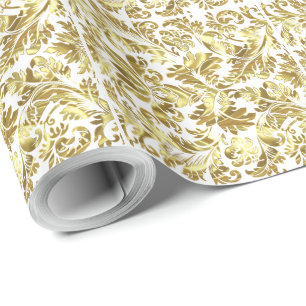 Elegant White en Metallic Gold Floral Damaskers Cadeaupapier