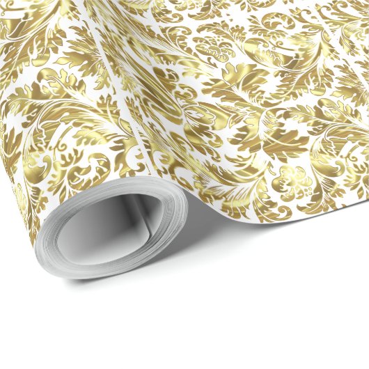 Elegant White en Metallic Gold Floral Damaskers Cadeaupapier (Rol Hoek)