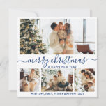 Elegant White en Navy 4 Foto Collage Kerstmis Feestdagenkaart<br><div class="desc">Elegant Calligraphy Minimalist White en Navy 4 Photo Collage Merry Kerstmis Script Holiday Card. Deze feestelijke, minimalistische sjabloon met vier (4) fotovakantiekaarten is voorzien van een fotocollage en zegt "Vrolijk Kerstfeest en Gelukkig Nieuwjaar"! De tekst van de groet "Merry Kerstmis" is geschreven in een mooi handgeschreven, met de letters zwoerd...</div>