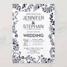 Elegant White en Navy Blue Floral Wedding Invites