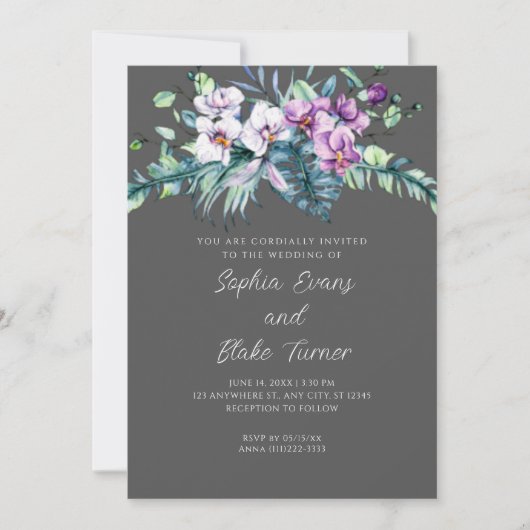 Elegant White en Paars Floral Grey Wedding Kaart (Voorkant)