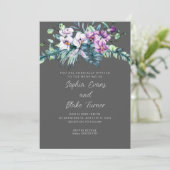 Elegant White en Paars Floral Grey Wedding Kaart (Staand voorkant)
