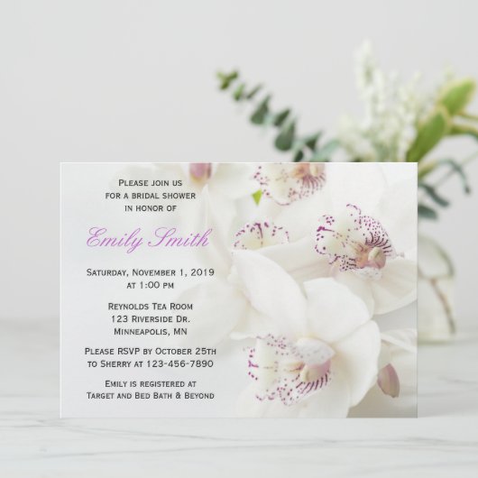 Elegant White en Paars Orchids Vrijgezellenfeest Kaart (Staand voorkant)