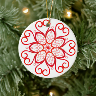 Elegant White en Red Decorative Mandala Kerstmis Keramisch Ornament