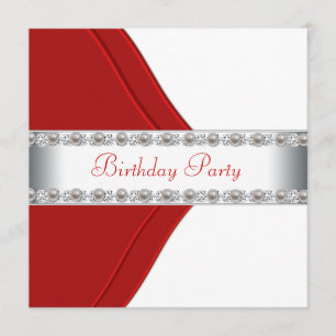 Elegant White en Red Womans Birthday Party Kaart