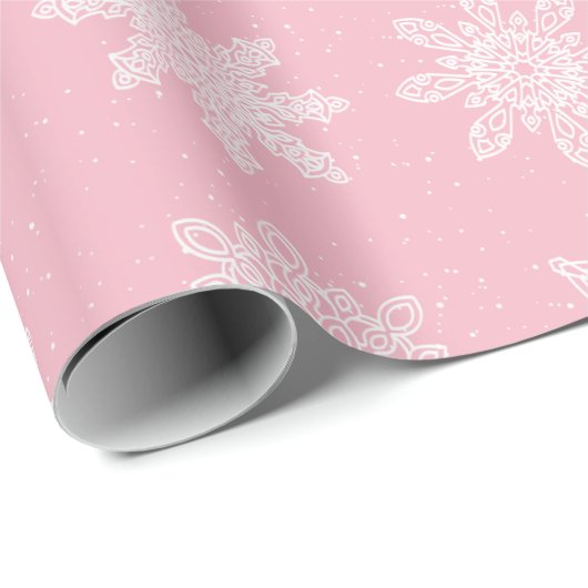 Elegant White en roze Snowflake kerstpatroon Cadeaupapier (Rol Hoek)
