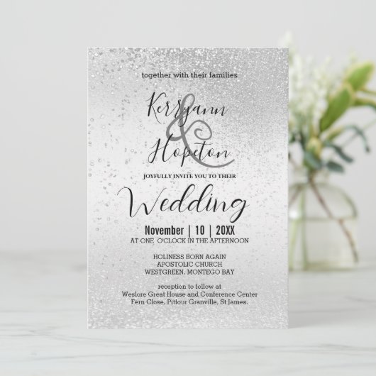Elegant White en Silver Glitter Invitation Kaart (Staand voorkant)